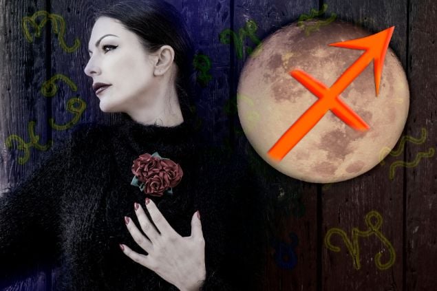 Dzhulbee / Getty Images / Canva Imagem de uma mulher do signo de sagitário. Ao lado da foto, o símbolo do signo de sagitário.